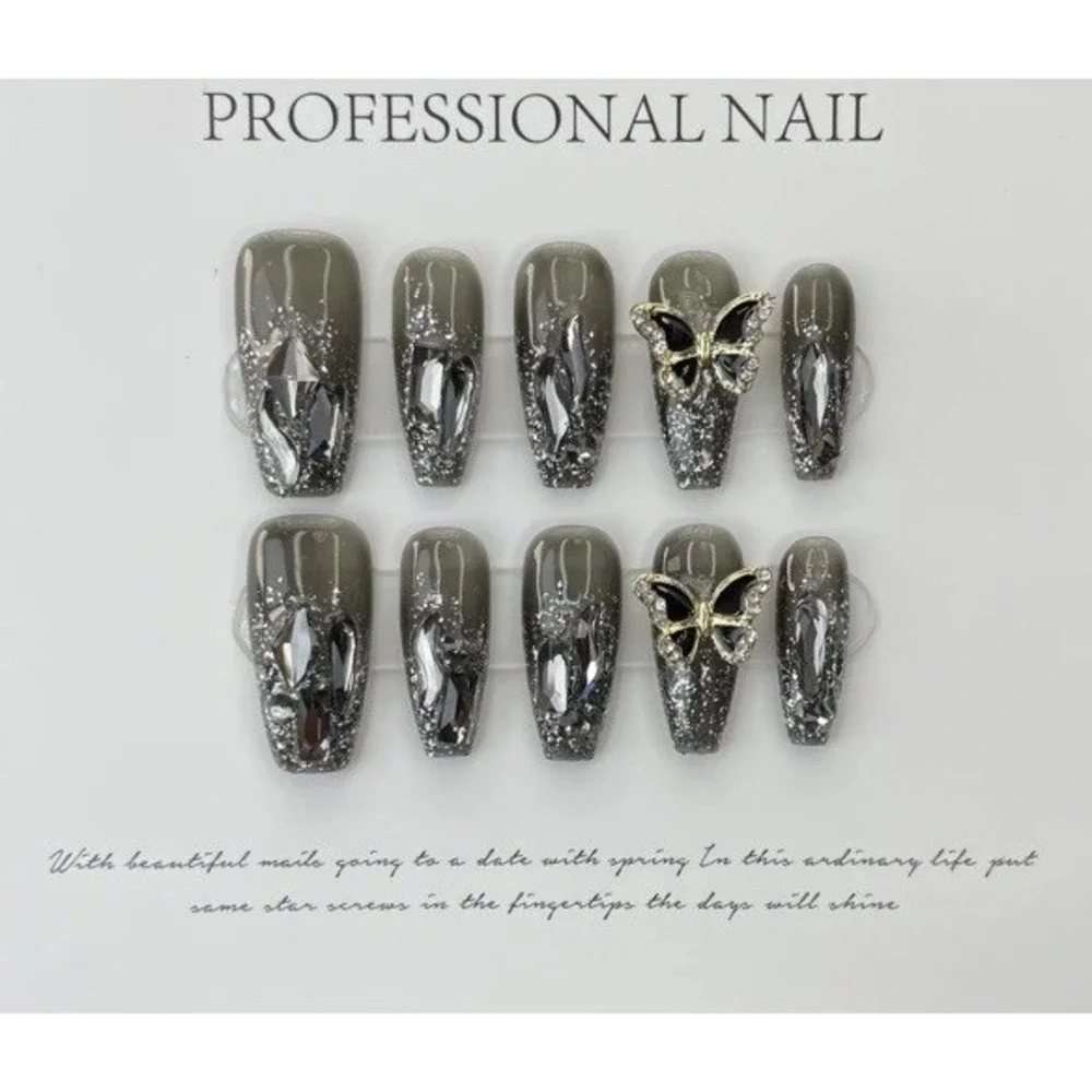 Coffin‎ Nails 3D Butterfly Rhinestone Gem Gunmetal Press On 10 Piece Glamorous